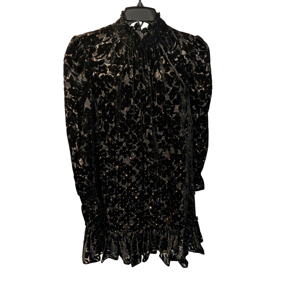 MIC 282 Dare to Dazzle Black Velvet Burnout‎ Dress Gold Sparkle Ruffle Mock Neck
